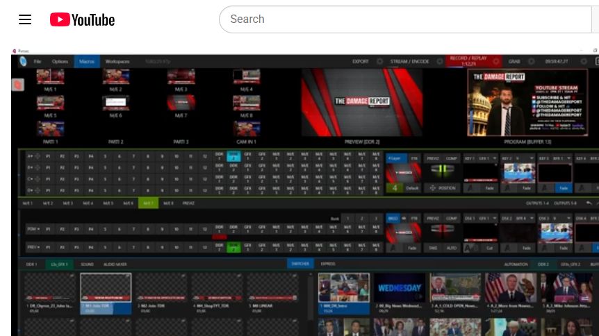 Live production switcher showing sources, graphics, preview, and program for The Damage Report